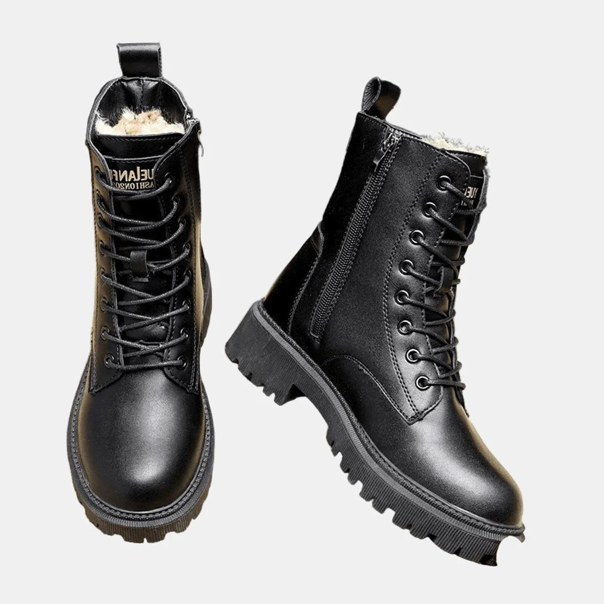 Black fleece-lined lace-up ankle boots