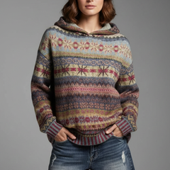 Patterned Knit Hoodie in Brown