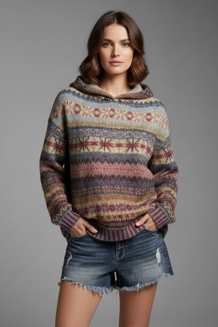 Patterned Knit Hoodie in Brown