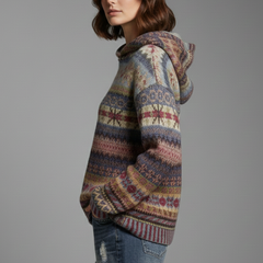 Patterned Knit Hoodie in Brown
