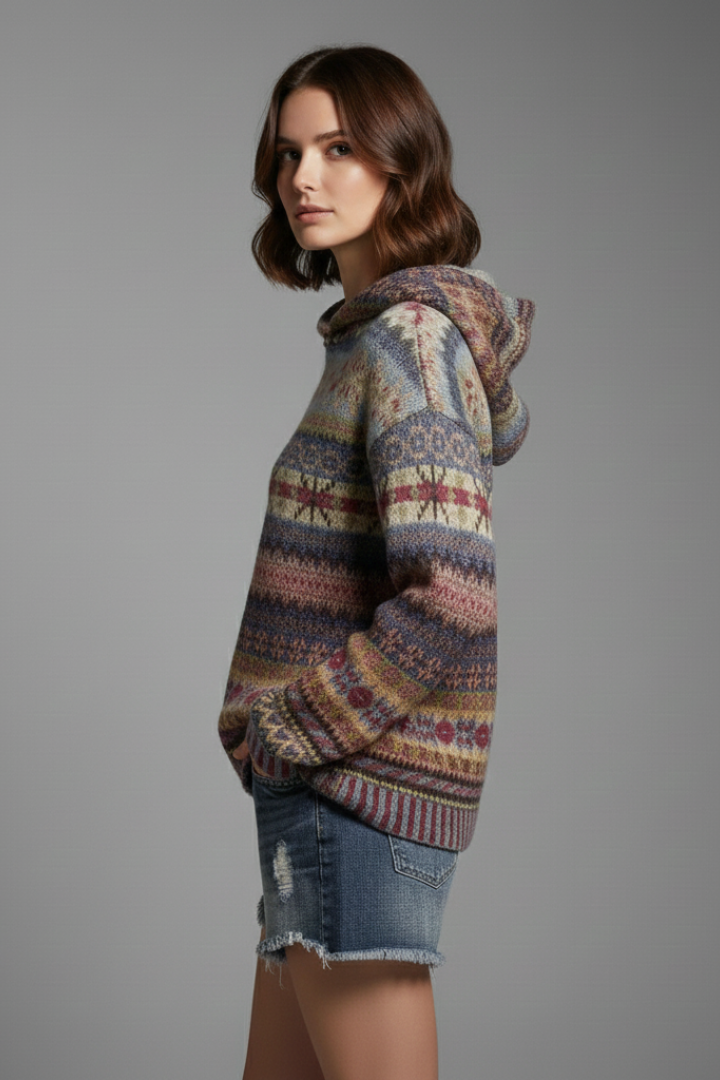 Patterned Knit Hoodie in Brown