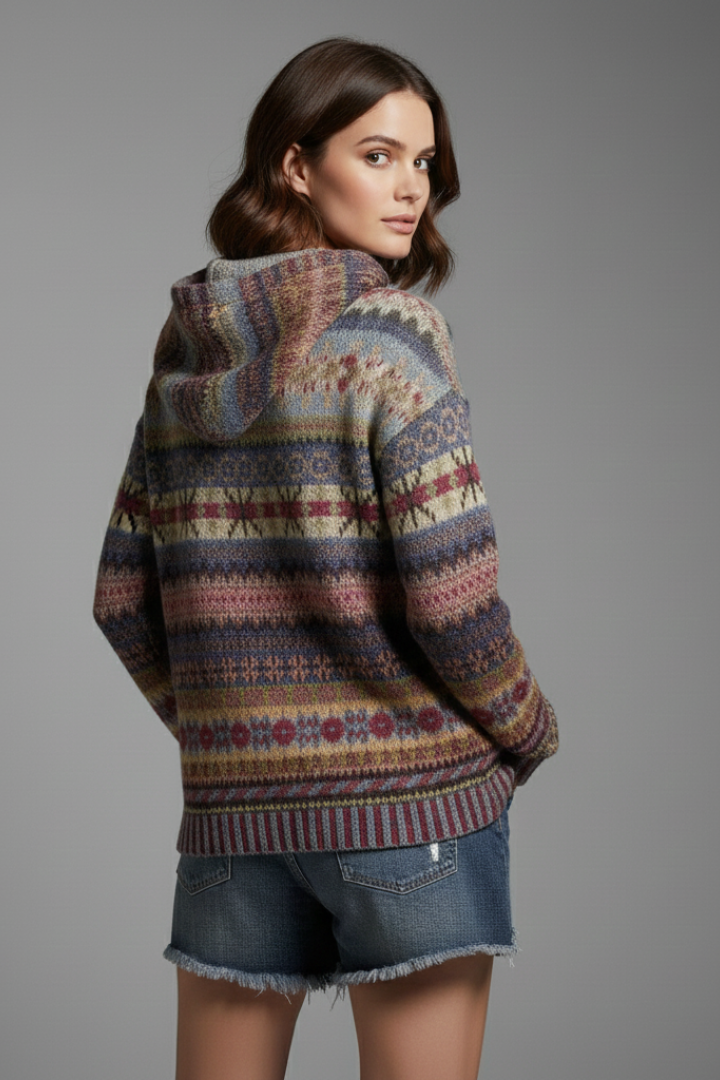Patterned Knit Hoodie in Brown