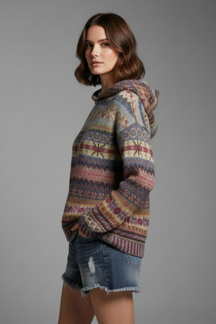 Patterned Knit Hoodie in Brown