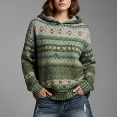 Patterned Knit Hoodie in Green