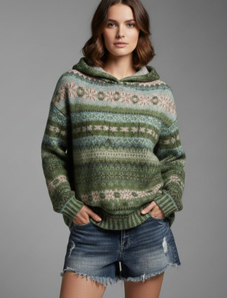 Patterned Knit Hoodie in Green