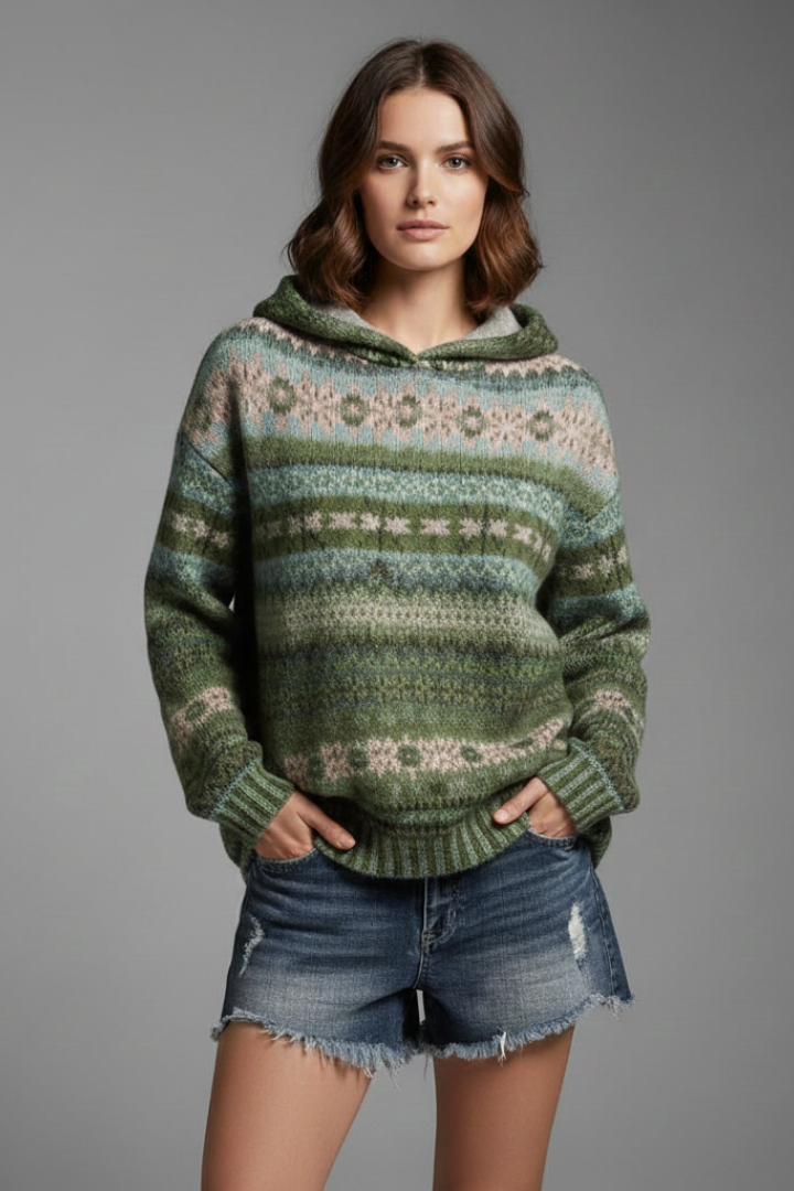 Patterned Knit Hoodie in Green
