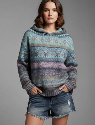 Patterned Knit Hoodie in Blue