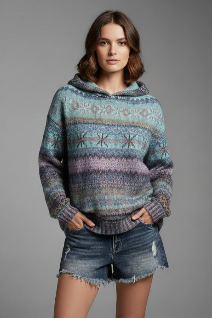 Patterned Knit Hoodie in Blue