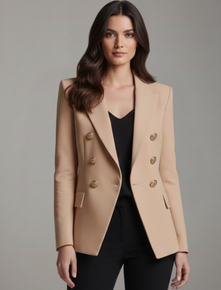 Gold-Button Double-Breasted Blazer in Khaki