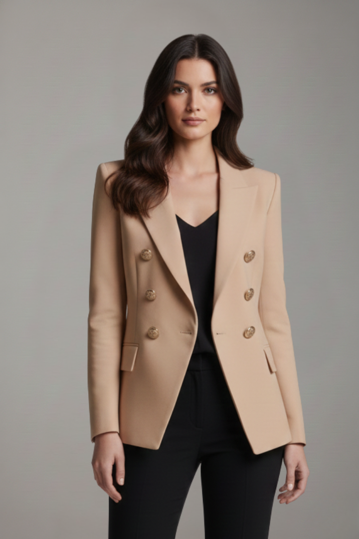 Gold-Button Double-Breasted Blazer in Khaki