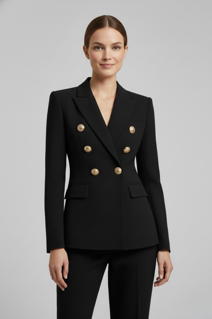 Gold-Button Double-Breasted Blazer in Black