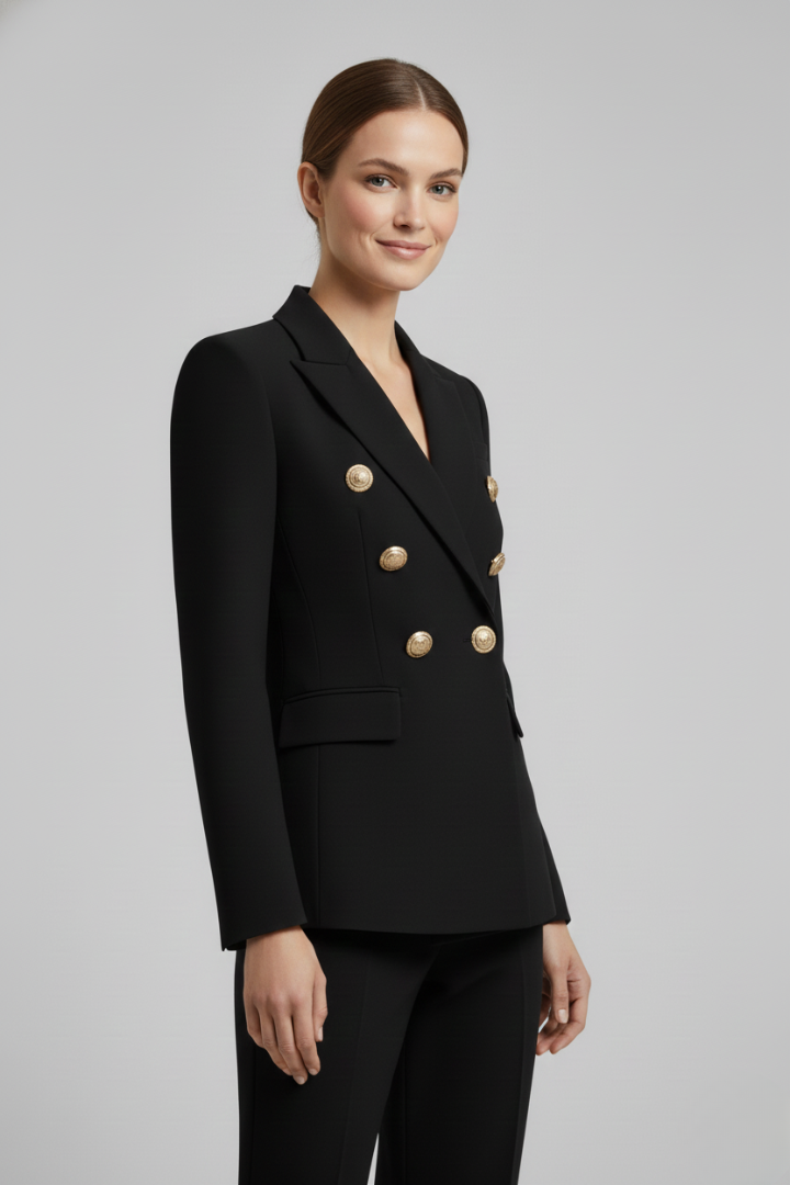 Gold-Button Double-Breasted Blazer in Black