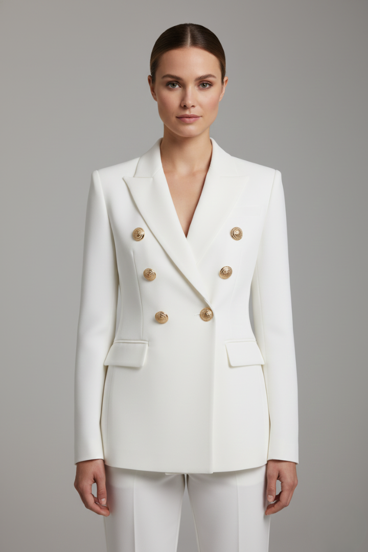 Gold-Button Double-Breasted Blazer in White
