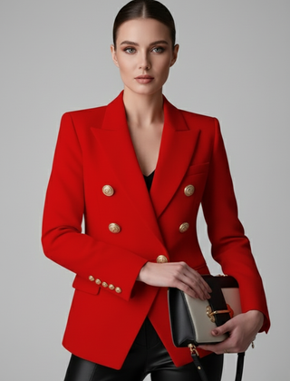 Gold-Button Double-Breasted Blazer in Red