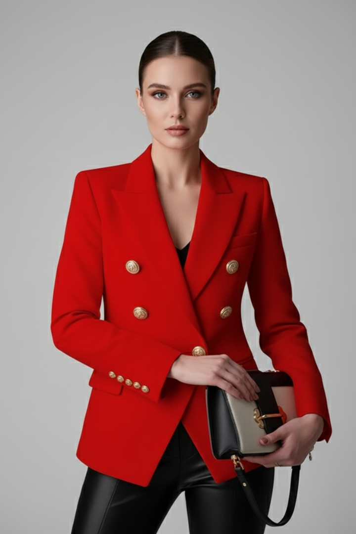 Gold-Button Double-Breasted Blazer in Red