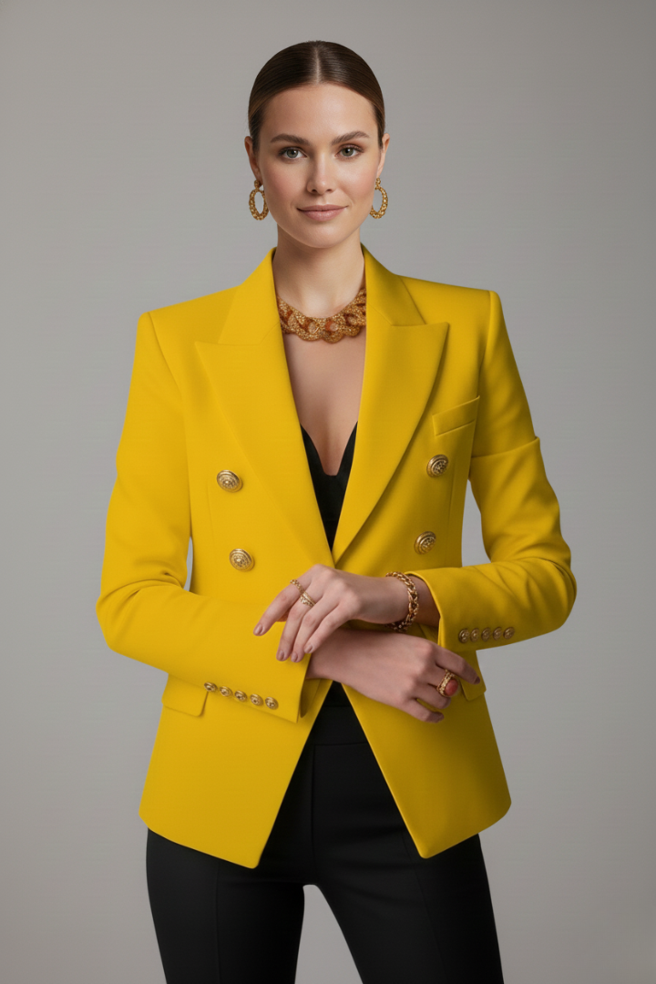 Gold-Button Double-Breasted Blazer in Yellow