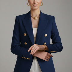 Gold-Button Double-Breasted Blazer in Navy Blue