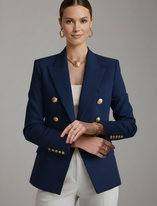 Gold-Button Double-Breasted Blazer in Navy Blue