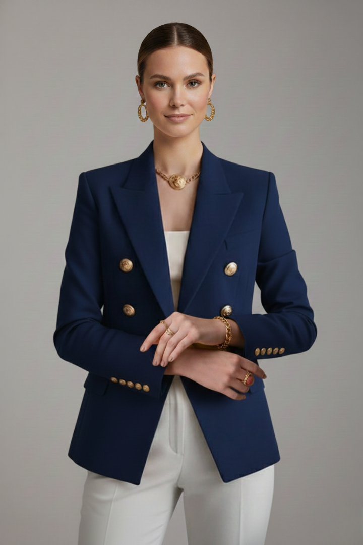 Gold-Button Double-Breasted Blazer in Navy Blue