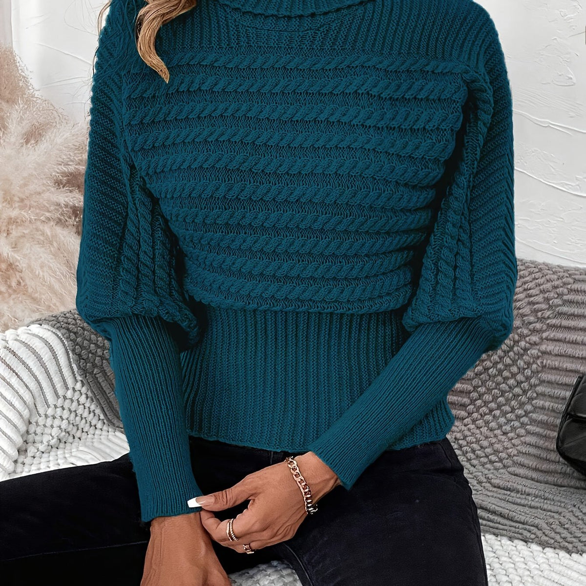 Megan | Textured Cable Knit Turtleneck Sweater
