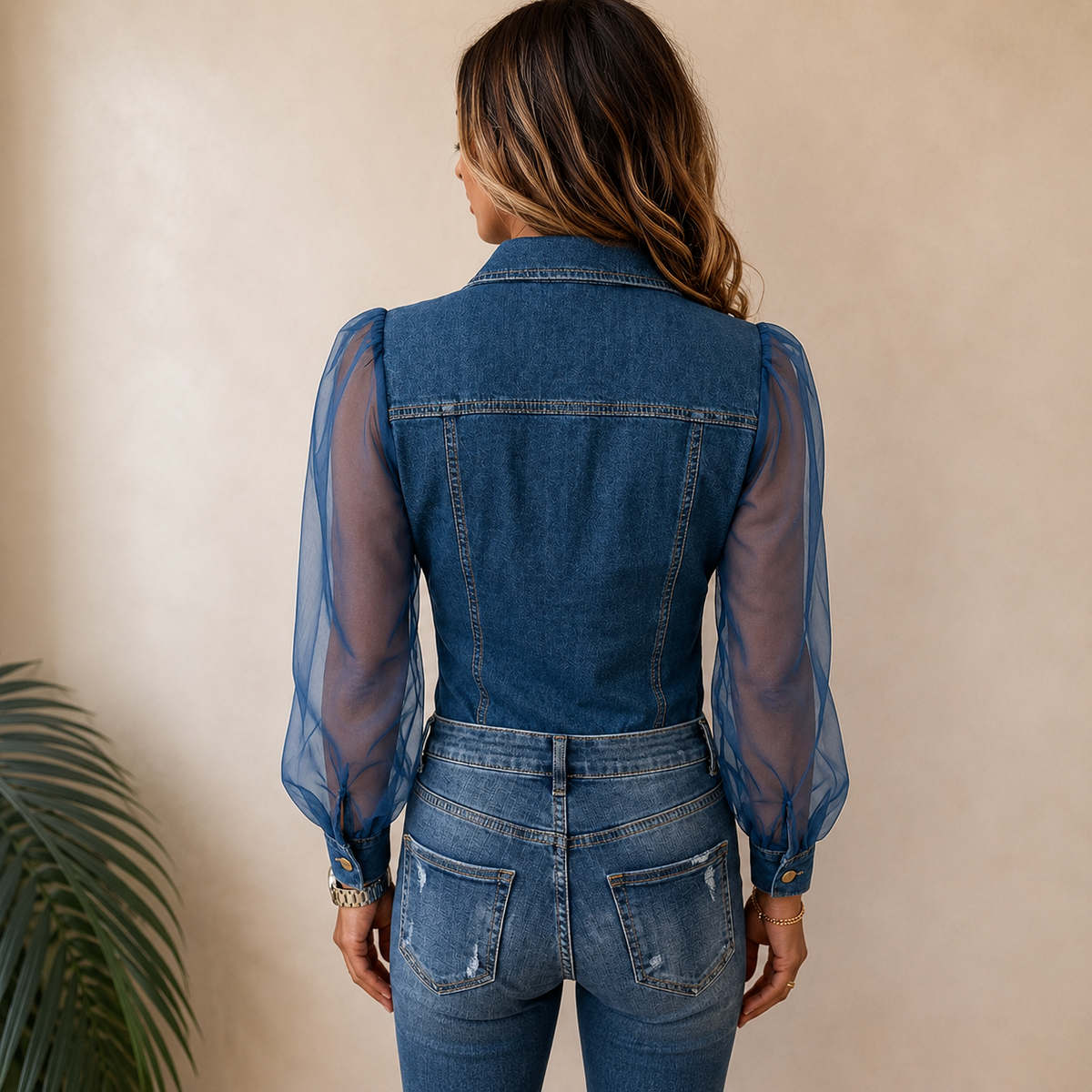 Elena | Women Sheer Sleeve Button Front Collared Shirt