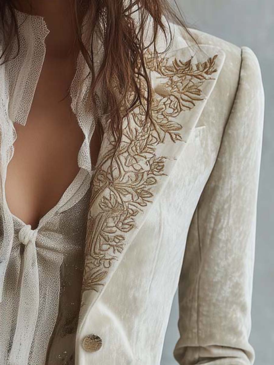Vivian | Women Embroidered Cuff Lapel Button Blazer