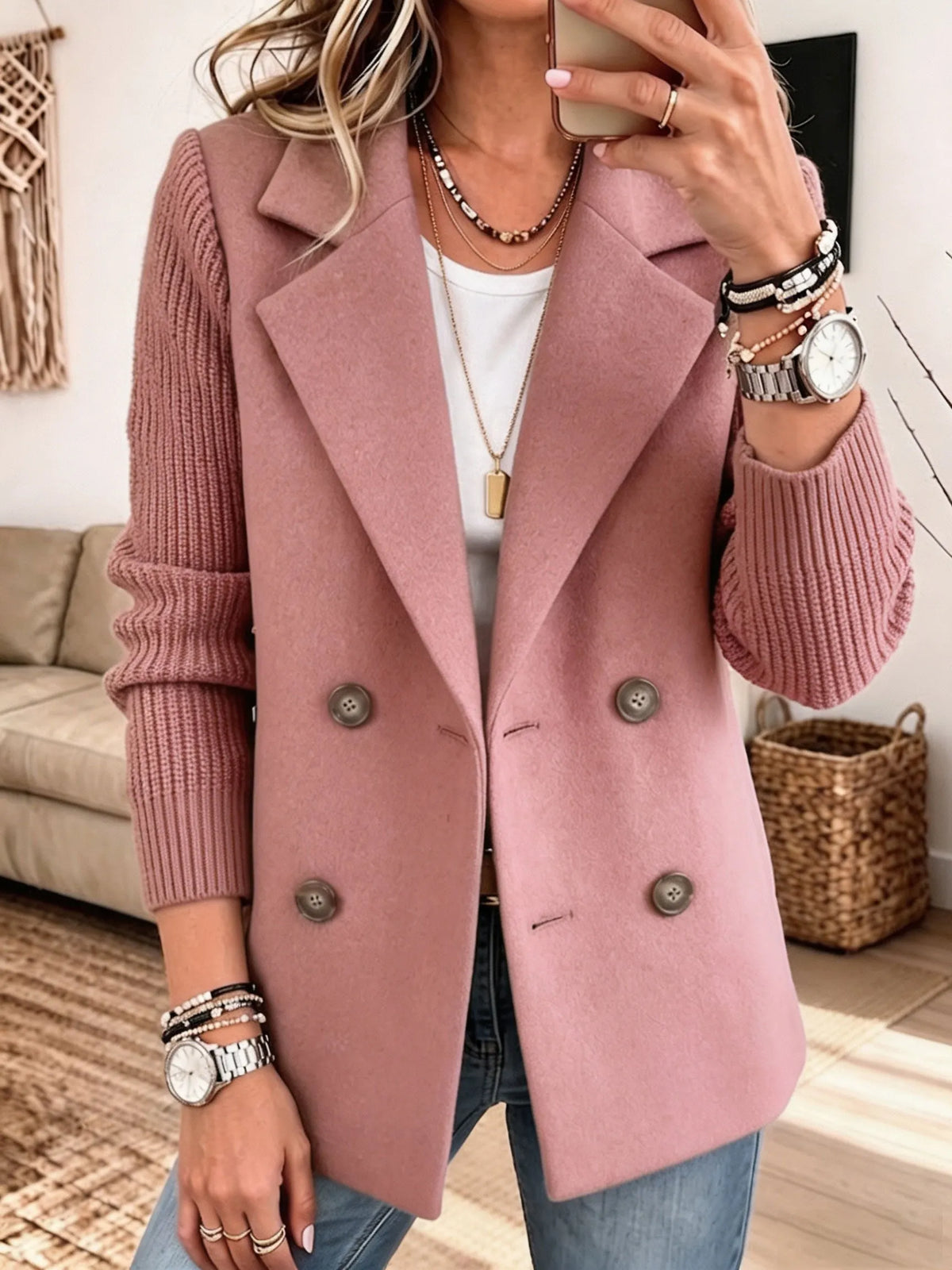 Sylvia | Double Breasted Knit Sleeve Blazer