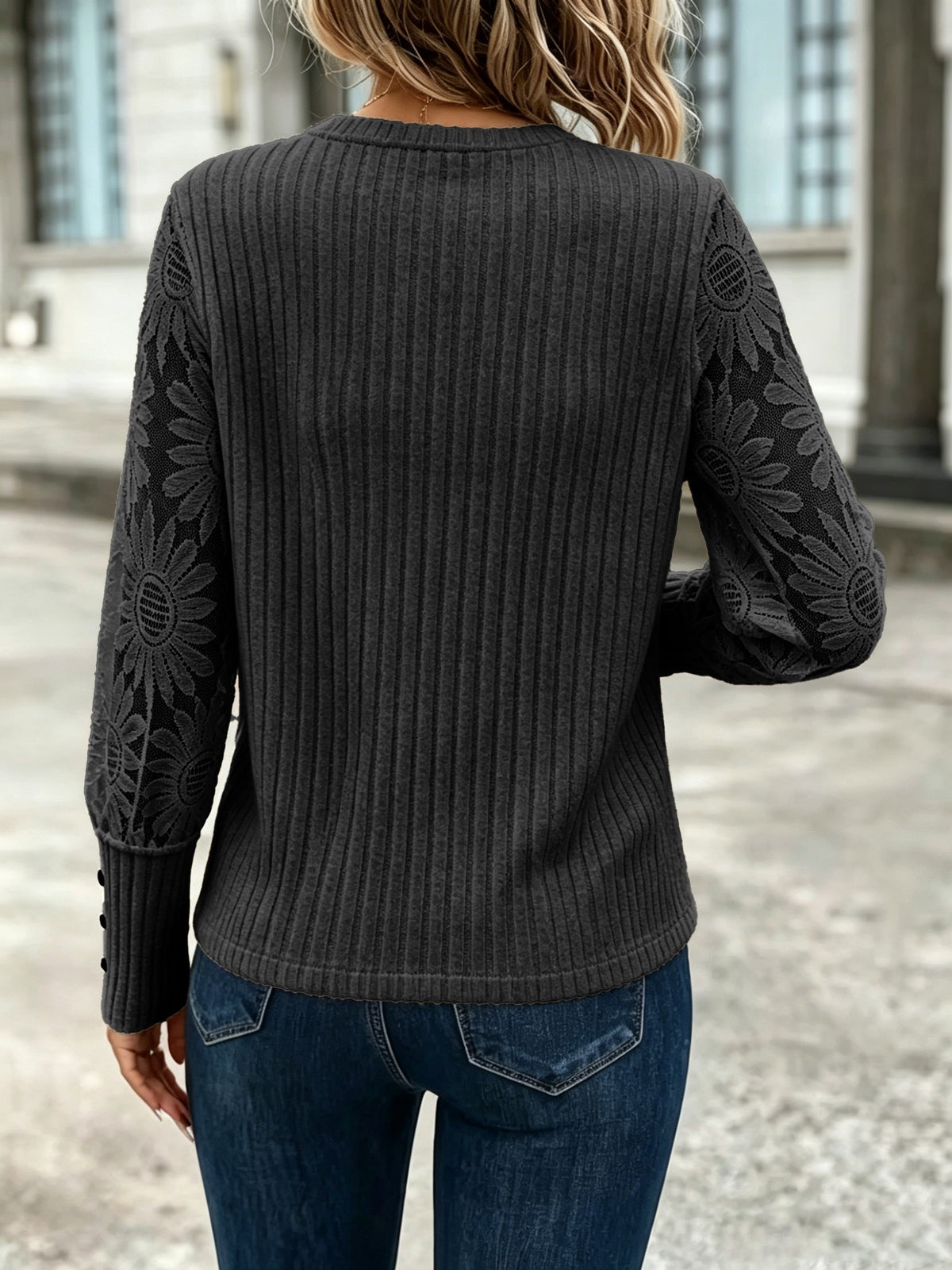 Rosalie | Women Floral Lace Sleeve Ribbed Sweater