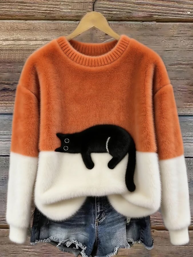 Amelia | Women Cat Graphic Color Block Crewneck Sweater