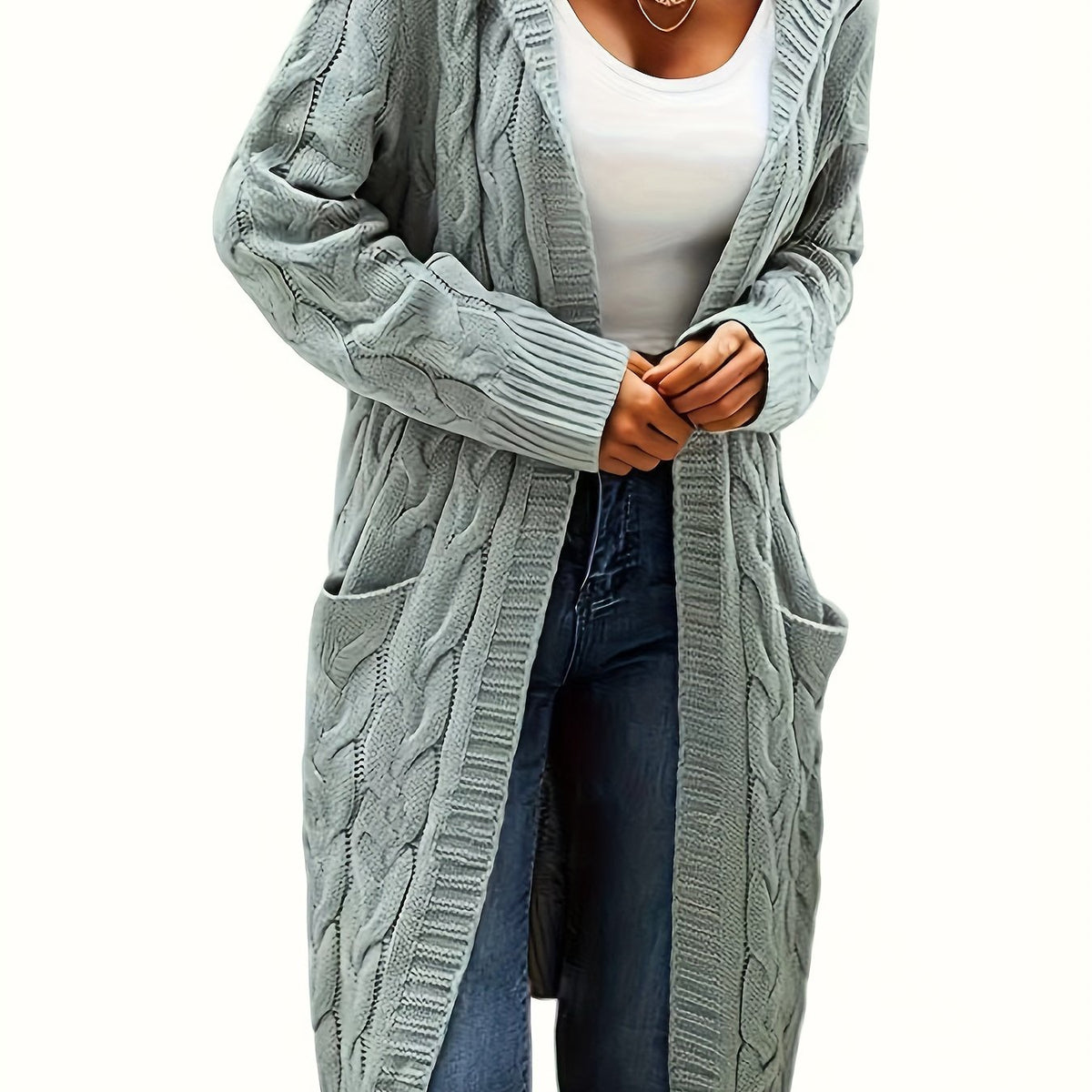 Audrey | Women Longline Cable Knit Hooded Cardigan