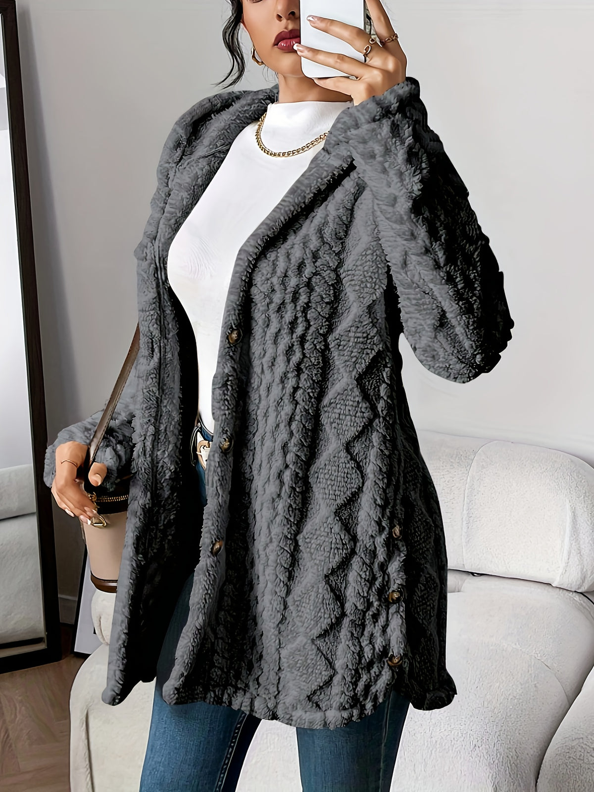 Rebecca | Women Hooded Textured Longline Button Cardigan