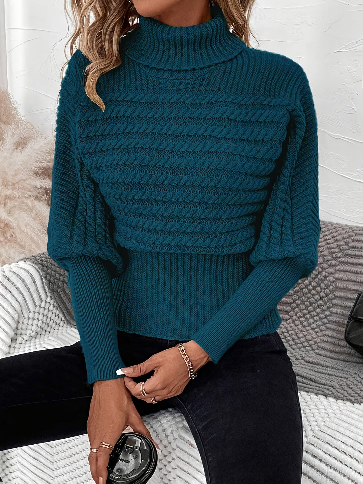 Megan | Textured Cable Knit Turtleneck Sweater