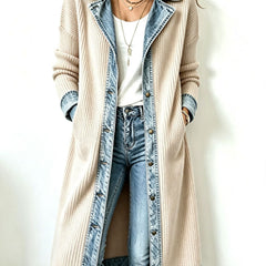 Winnie denim trim long-line knit cardigan in beige