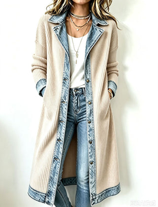 Winnie denim trim long-line knit cardigan in beige