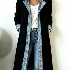 Winnie denim trim long-line knit cardigan in black