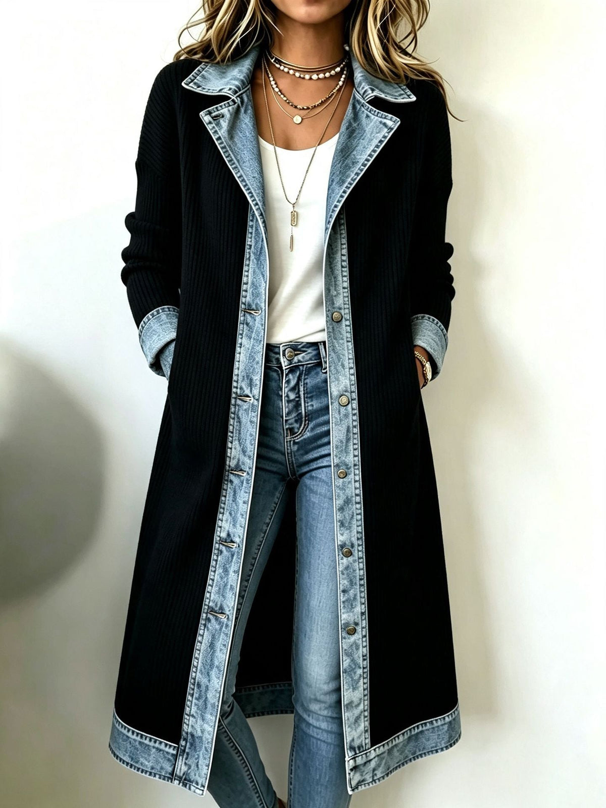 Winnie denim trim long-line knit cardigan in black