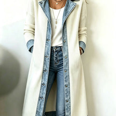 Winnie denim trim long-line knit cardigan styled