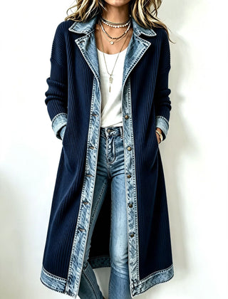 Winnie denim trim long-line knit cardigan in navy