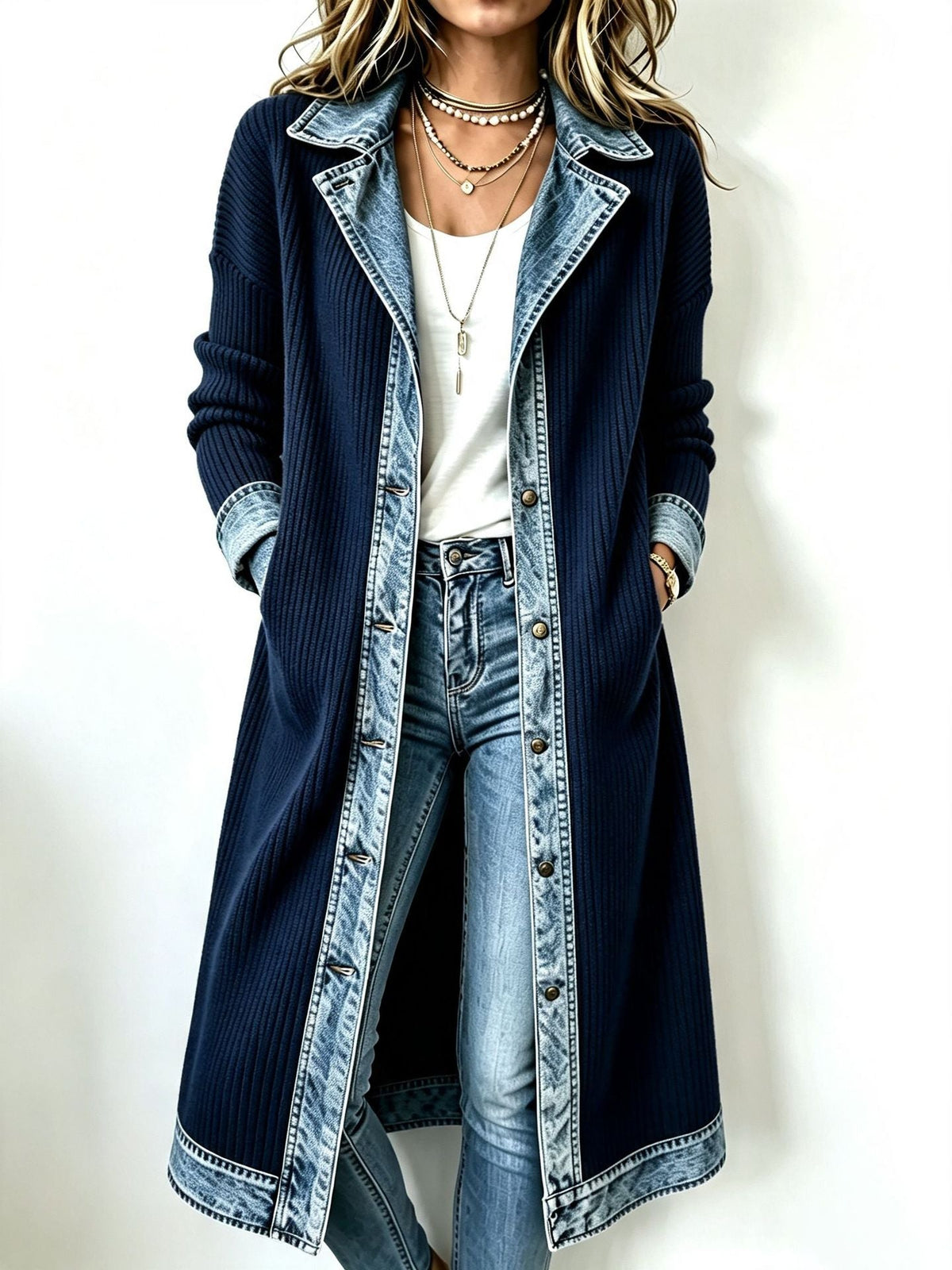 Winnie denim trim long-line knit cardigan in navy