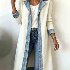 Winnie denim trim long-line knit cardigan in white