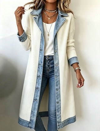 Winnie denim trim long-line knit cardigan in white