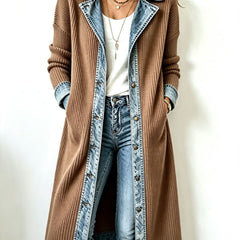 Winnie denim trim long-line knit cardigan in khaki