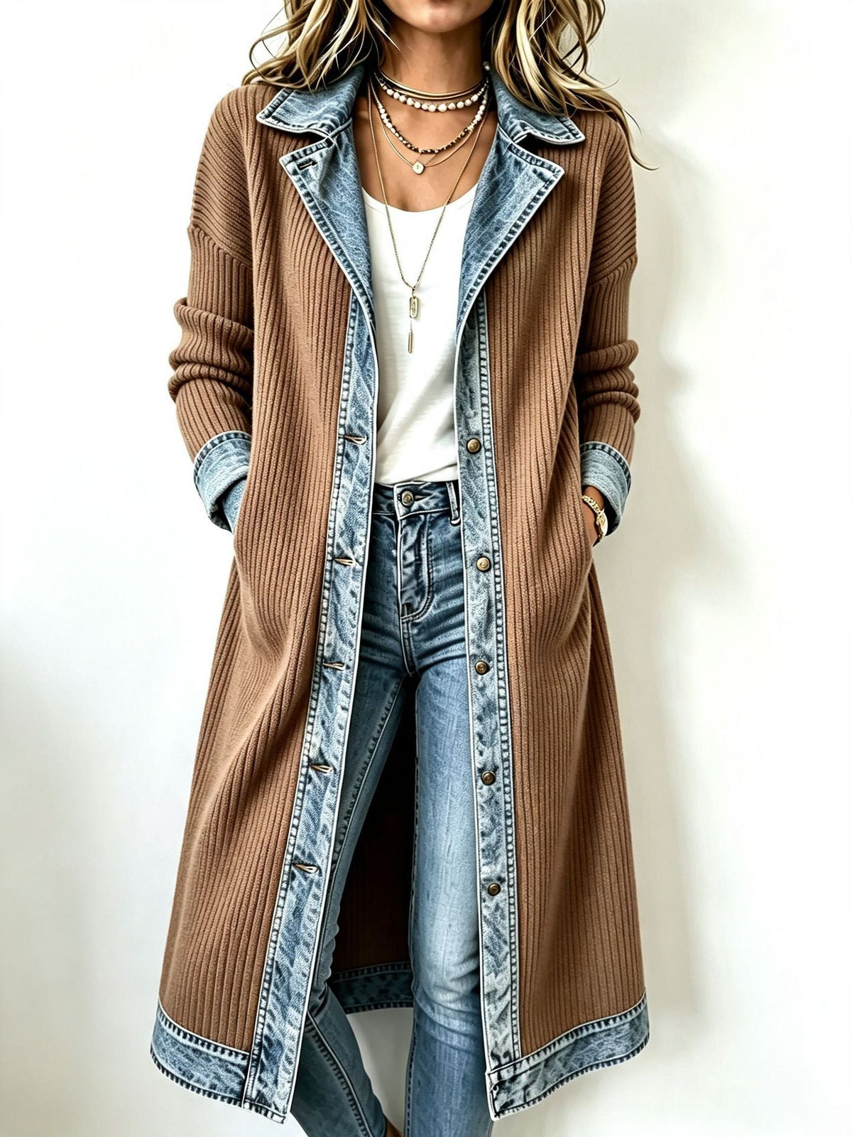 Winnie denim trim long-line knit cardigan in khaki