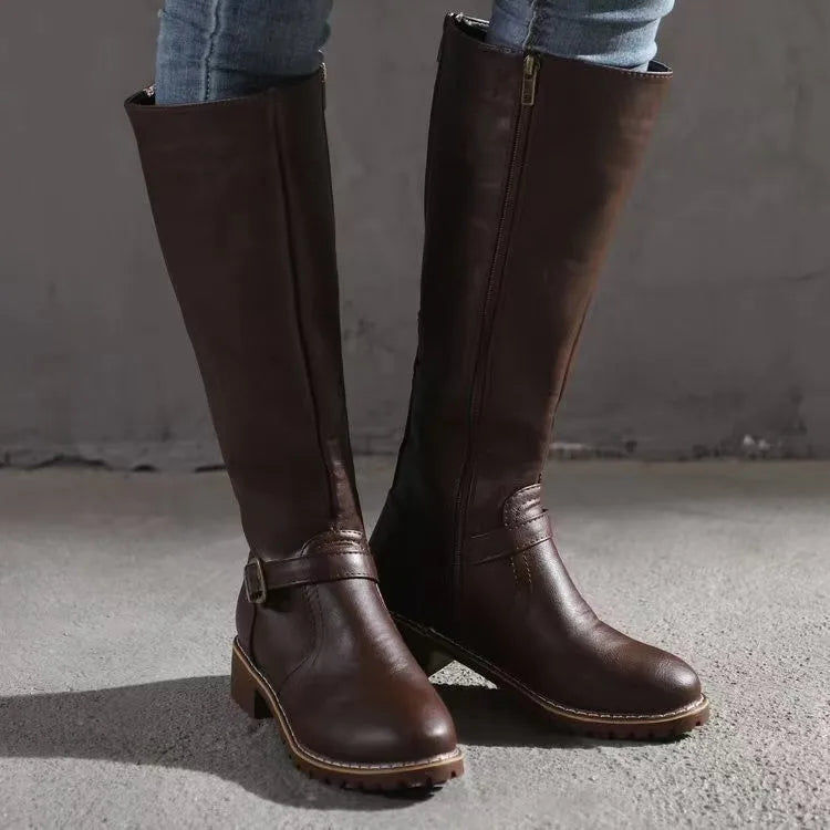 Victoria | Women Tall Knee High Buckle Strap Zip Boots