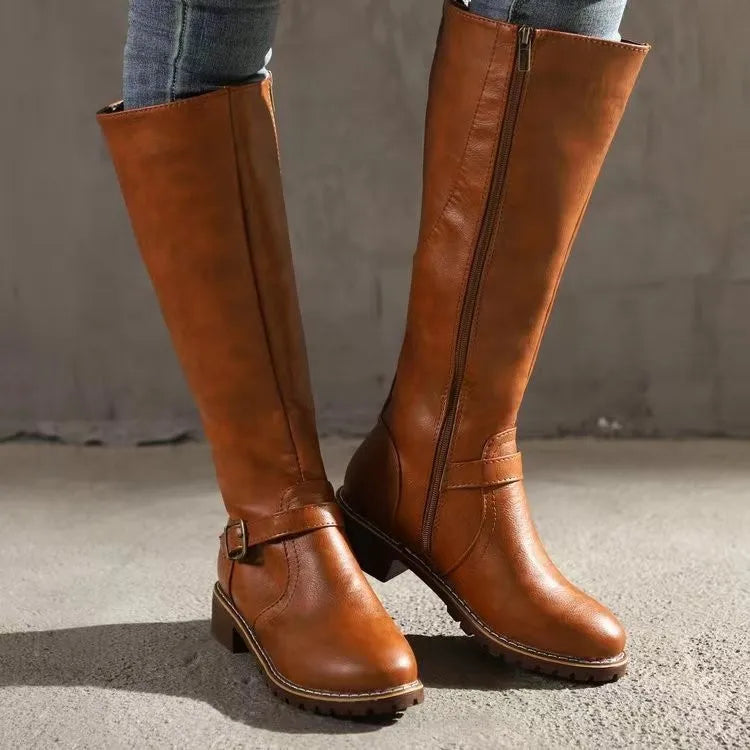 Victoria | Women Tall Knee High Buckle Strap Zip Boots