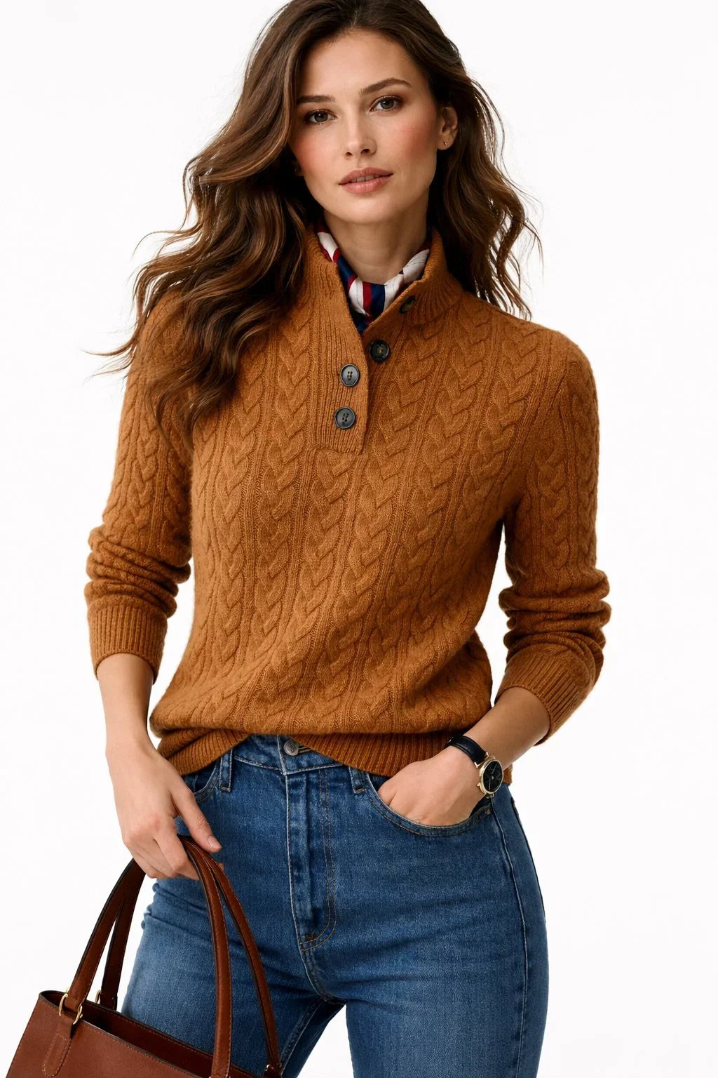 Charlotte | Women Cable Knit Buttoned Mock Neck Sweater