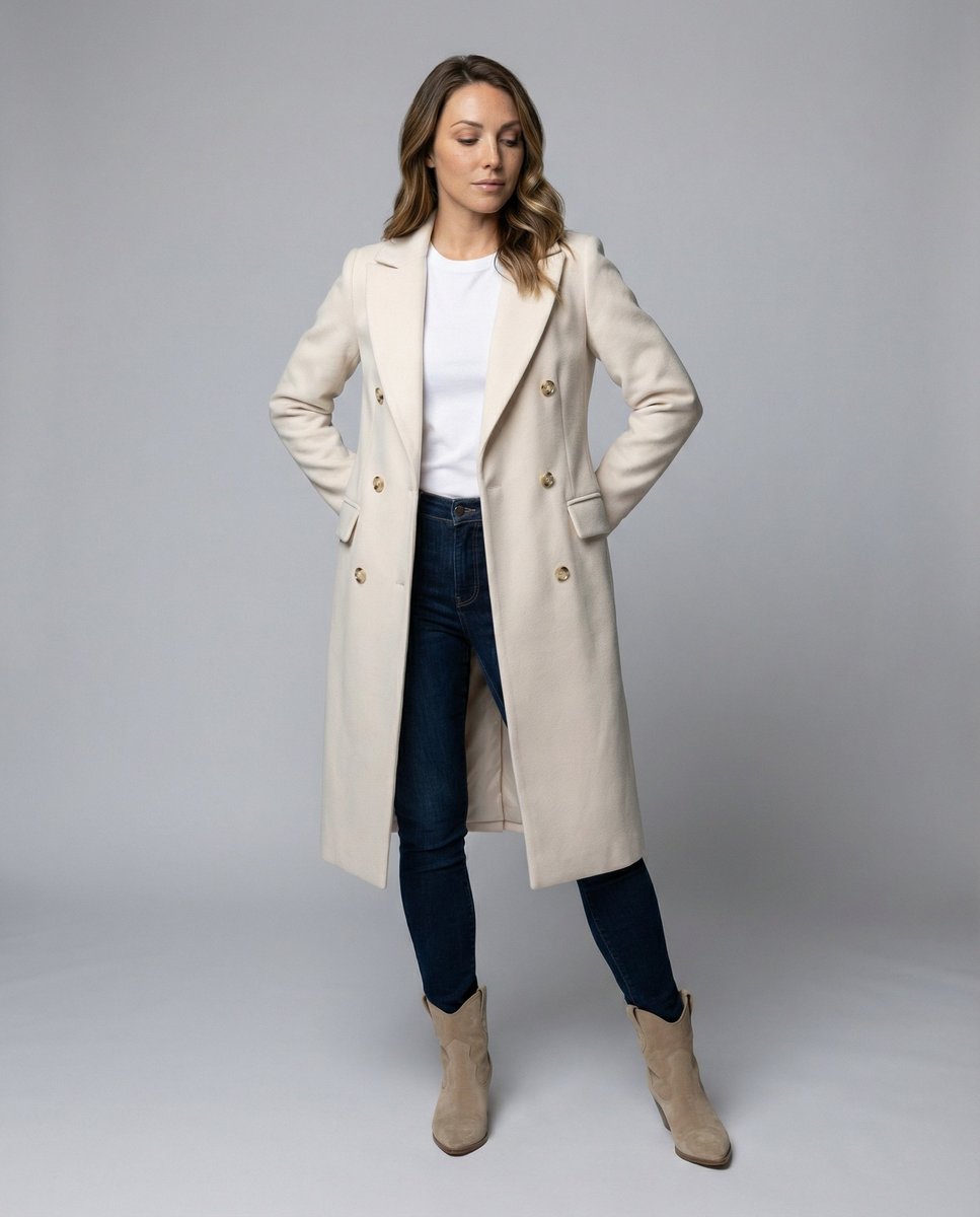 Elowen double-breasted overcoat, styled look