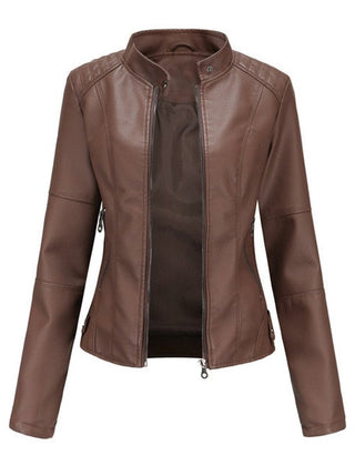 Ione stand-collar moto jacket in Brown