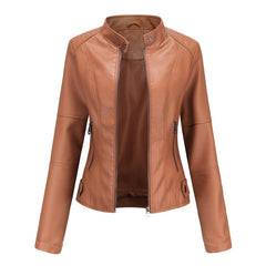Ione stand-collar moto jacket in Red-Brown