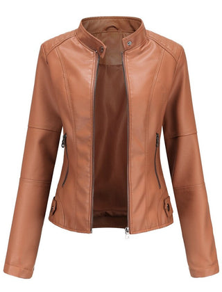 Ione stand-collar moto jacket in Red-Brown